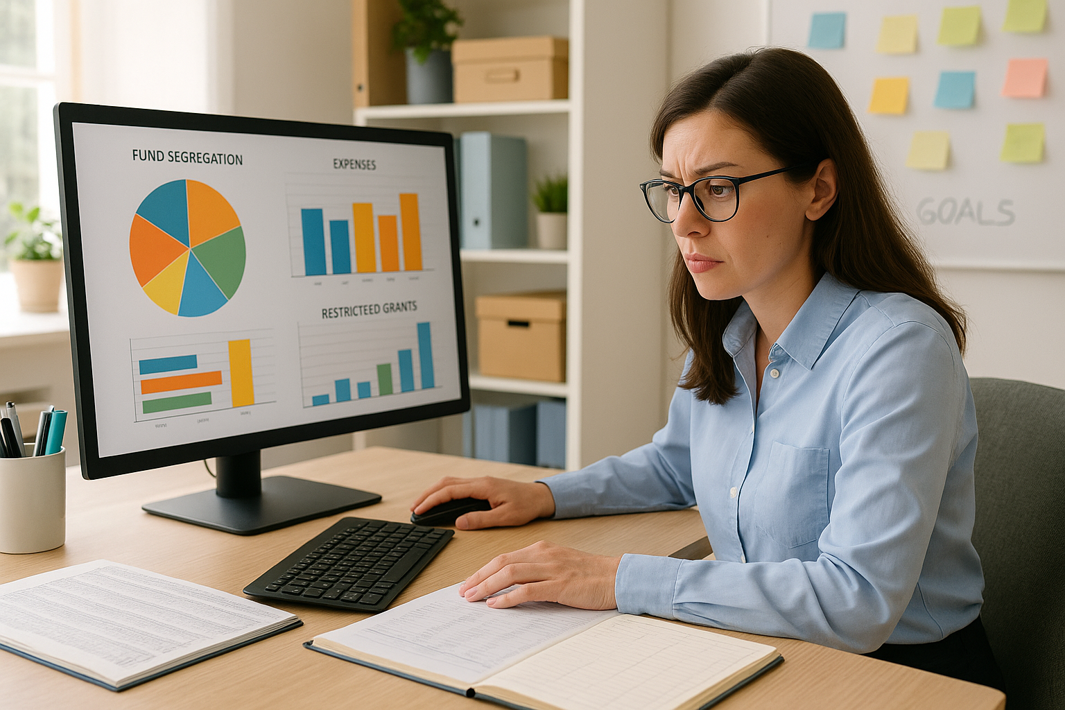 Accountant working with spreadsheets and charts showing fund segregation and expense tracking