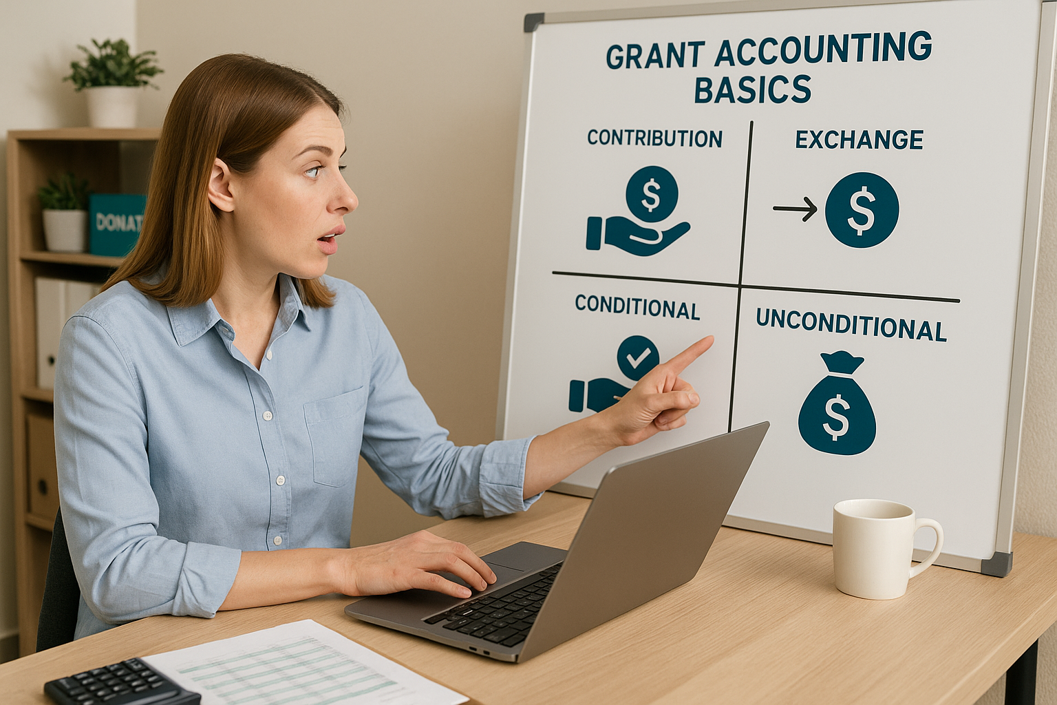 Illustration of grant types contributions vs exchange, conditional vs unconditional using money flow icons
