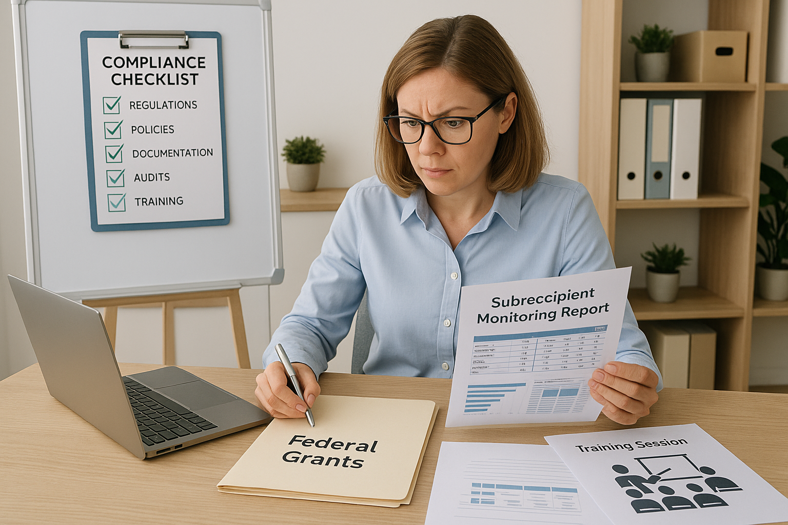 Professional reviewing federal grant compliance checklist and monitoring subrecipient activity